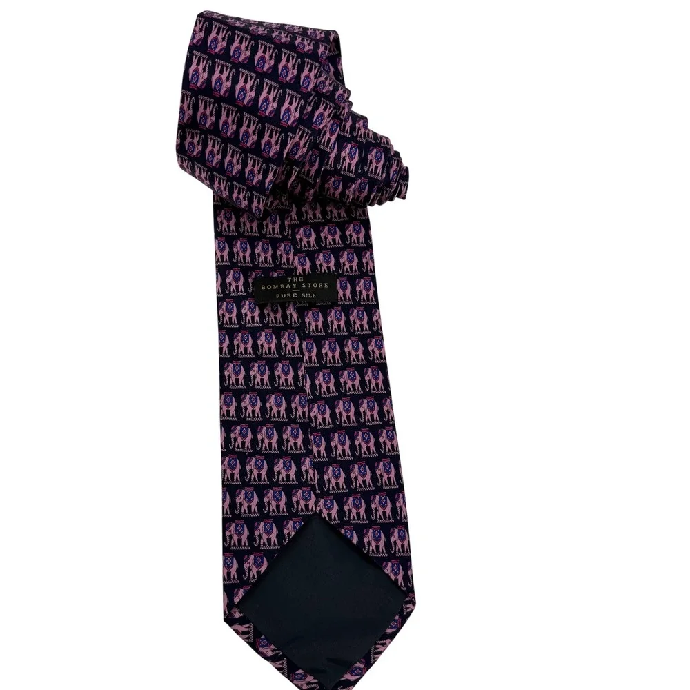 The Bombay Store Silk‎ Elephant Tie Mens Navy Blue Pink Patterned Necktie